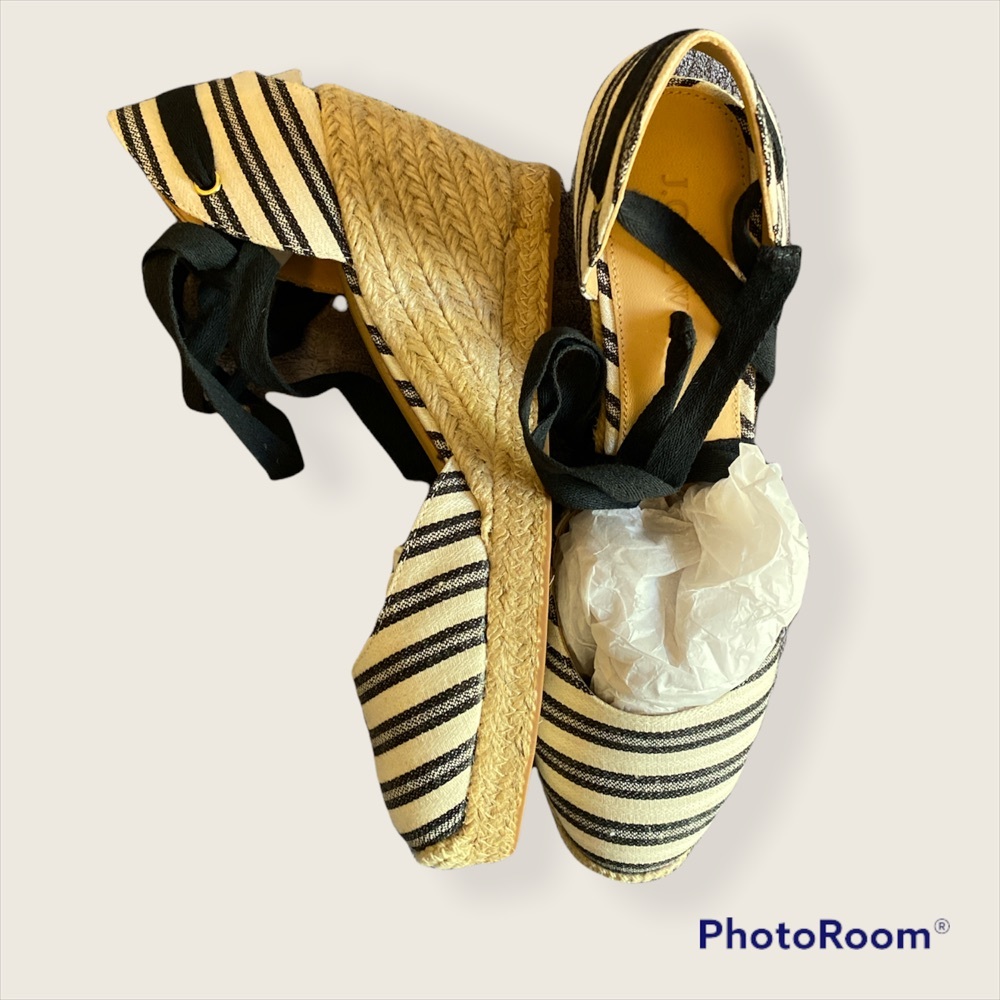 J. Crew Striped Espadrille Wedge Sandals with Black Ankle Ties - Picture 5 of 6